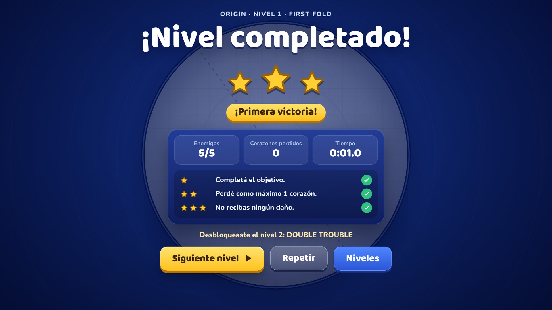 Pantalla de nivel completado con tres estrellas